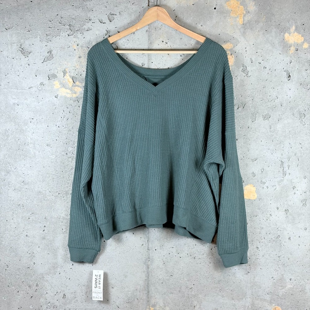 Aeropostale Wear 2 Ways Cozy Waffle T Shirt Womens Medium Green Dropped Shoulder